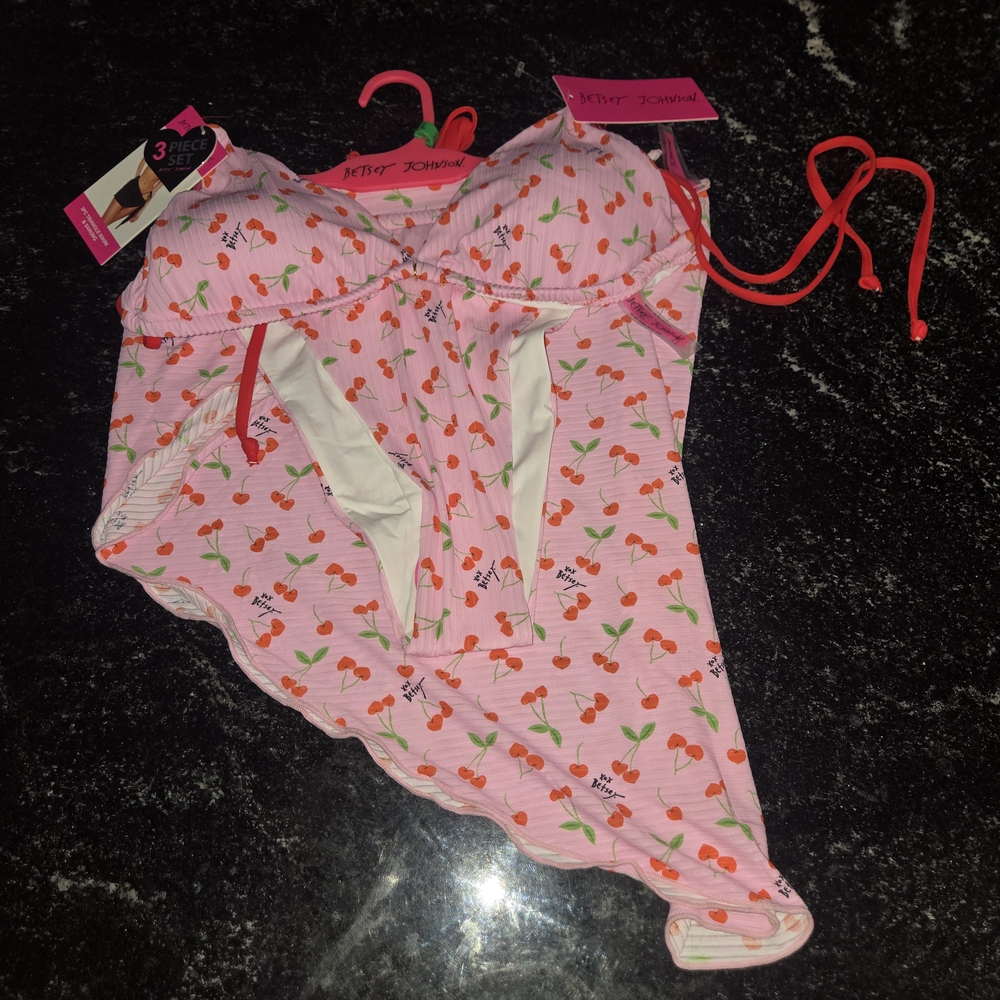 Betsey Johnson Pink Cherry-Print Chemise 3 Piece Set